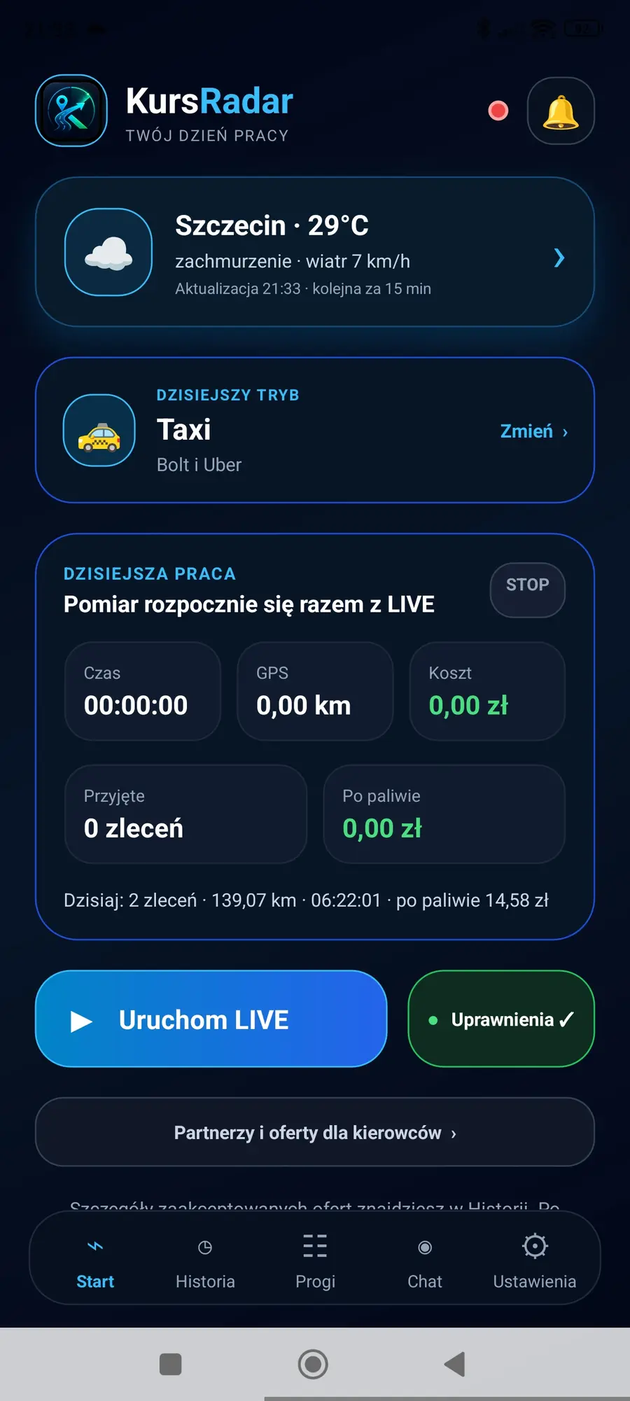 Ekran główny KursRadar z przyciskiem Uruchom LIVE, pogodą, czasem, GPS i kosztem