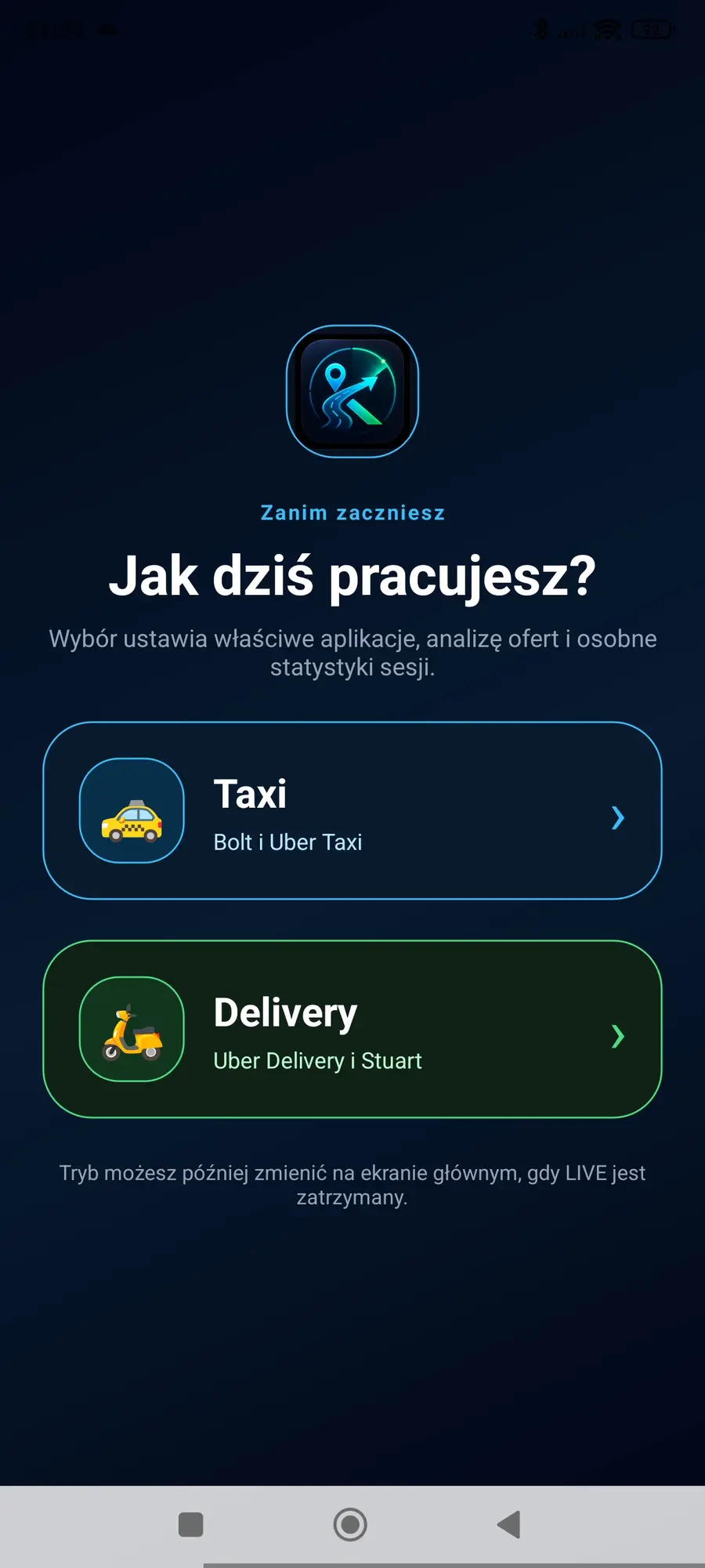 Wybór trybu Taxi lub Delivery w aplikacji KursRadar